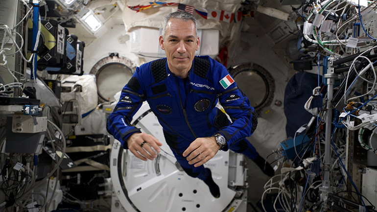 Italian Air Force commercial astronaut Colonel Walter Villadei in a spacesuit created by Spacewear.