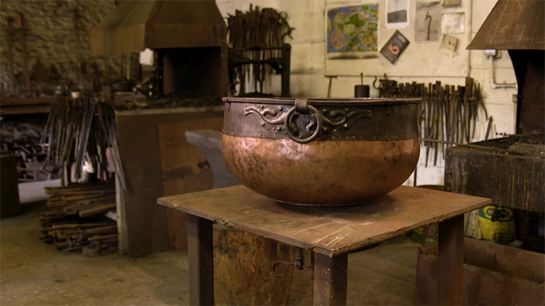 Screengrab from video on the Glenfield cauldrons, showing the replica.