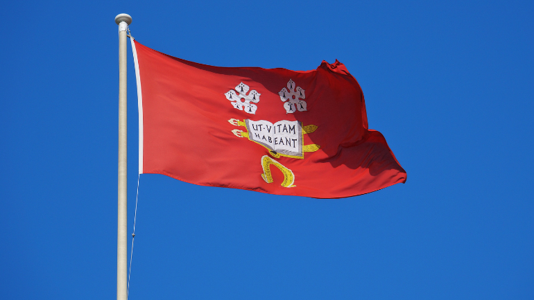 the university flag against a blue sky