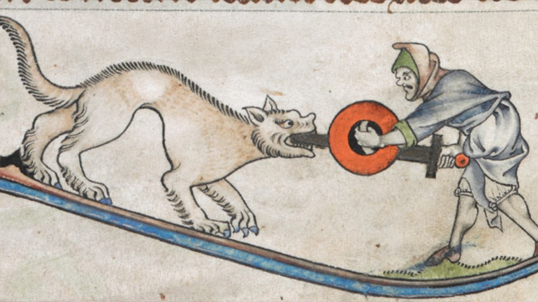 A medieval illustration of a man with a sword and shield fighting a wolf.