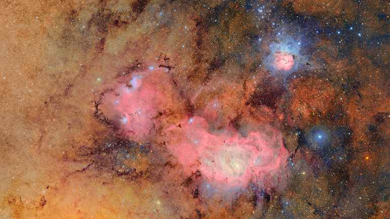 Image combining 678 separate images of the Trifid nebula (top right) and the Lagoon nebula. Credit: NSF-DOE Vera C. Rubin Observatory