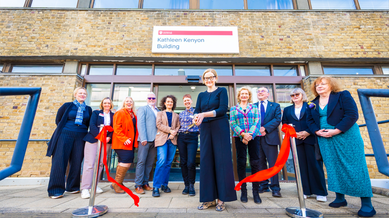 Professor Henrietta O'Connor cuts a ribbon opening the Kathleen Kenyon Building