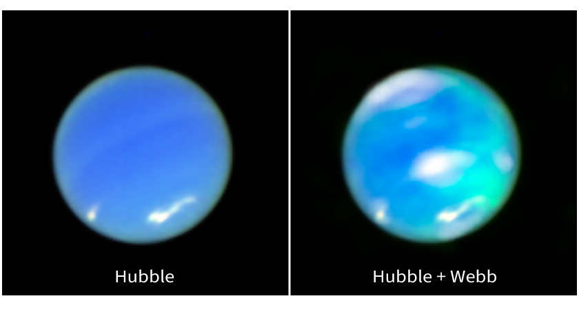 At the left, an enhanced-color image of Neptune from NASA’s Hubble Space Telescope. At the right, that image is combined with data from NASA’s James Webb Space Telescope. 