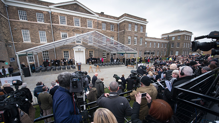 Media gathered outside the Fielding Johnson Building to witness the departure of Richard III's coffin.