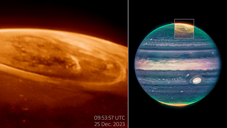 On the right is the planet Jupiter as seen in near-infrared light. A box over the north pole is overlain with more data in shades of orange, displaying aurorae as arcs and rings on the planet. To left, this area is shown larger in size. Credit: NASA, ESA, CSA, STScI, Ricardo Hueso (UPV), Imke de Pater (UC Berkeley), Thierry Fouchet (Observatory of Paris), Leigh Fletcher (University of Leicester), Michael H. Wong (UC Berkeley), Joseph DePasquale (STScI), J. Nichols (University of Leicester), M. Zamani (ESA/Webb)