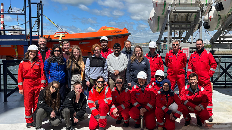 Science and ECORD Science Operator Team and of the first rotation onboard liftboat L/B Robert. It will be home for the science team until August. Photo: Everest@ECORD_IODP3_NSF