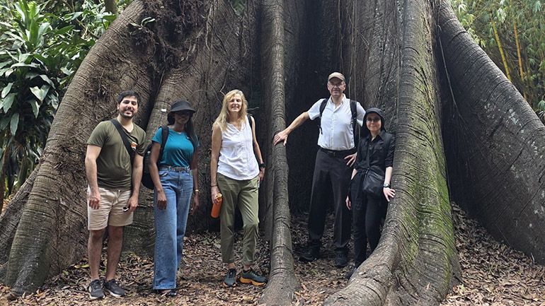 Professor Heiko Balzter, Dr Nezha Acil and University of Leicester colleagues at a zoobotanical garden at the Museu Emilio Goeldi in Belém, with trees and animals from the Amazon.
