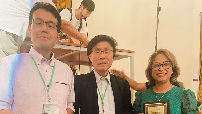 Dr Hideyuki Shiroshita (left), Professor Norio Okada (centre) and Professor Nibedita Ray-Bennett (right) in Samos, Greece earlier this month (Credit: University of Leicester)