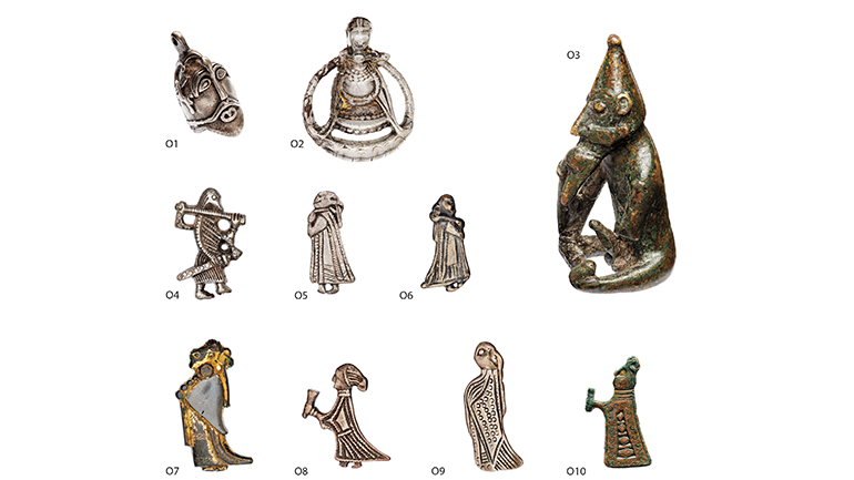 The ten silver and bronze miniatures studied in the article. O5-10 are the so-called 'valkyrie' figurines.  Image credit: The Body-Politics project  