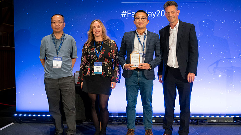 Left to right: Chunhong Lei (Leicester University), Georgia Mann (Withers and Rogers – the award sponsor), Jake Yang (Leicester University) and Martin Freer (CEO, Faraday Institution)