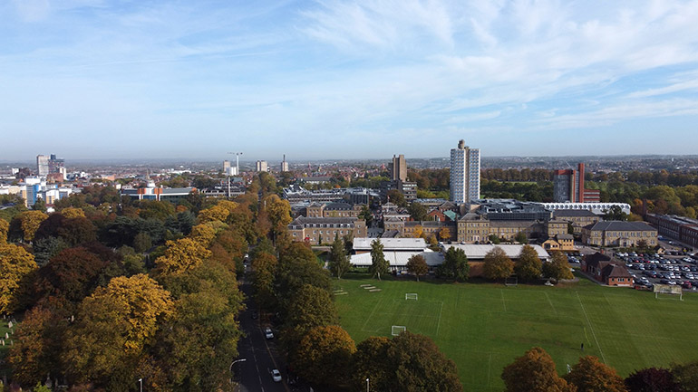 A wide angle shot of the University of Leicester campus.