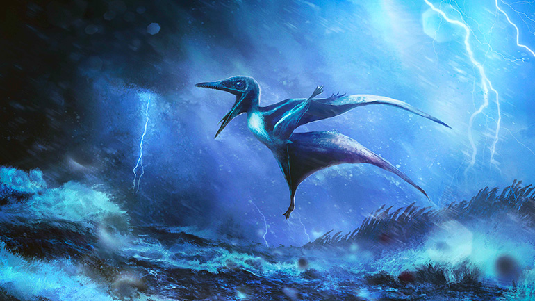 An artist’s impression of a tiny Pterodactylus hatchling struggling against a raging tropical storm, inspired by fossil discoveries. Artwork by Rudolf Hima.