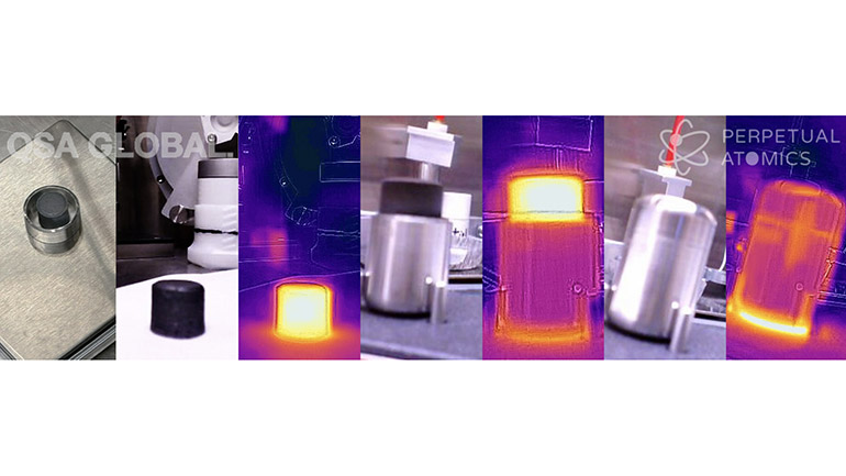 (Left to right) Americium ceramic fuel pellets; infrared image of the fuel pellet; optical and infrared images of the fuel pellets in a clad; optical and infrared images of the clad with lid.