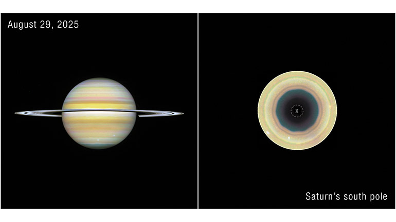 Recent NASA Hubble Space Telescope images show the gas giant Saturn and its southern pole, where astronomers have discovered a 10-sided atmospheric wave. Observations show the decagon extends through multiple layers of Saturn’s atmosphere. Image: NASA, ESA, STScI, Agustín Sánchez-Lavega (University of the Basque Country), Amy Simon (NASA-GSFC), Michael Wong (UC Berkeley); Image Processing: Alyssa Pagan (STScI)