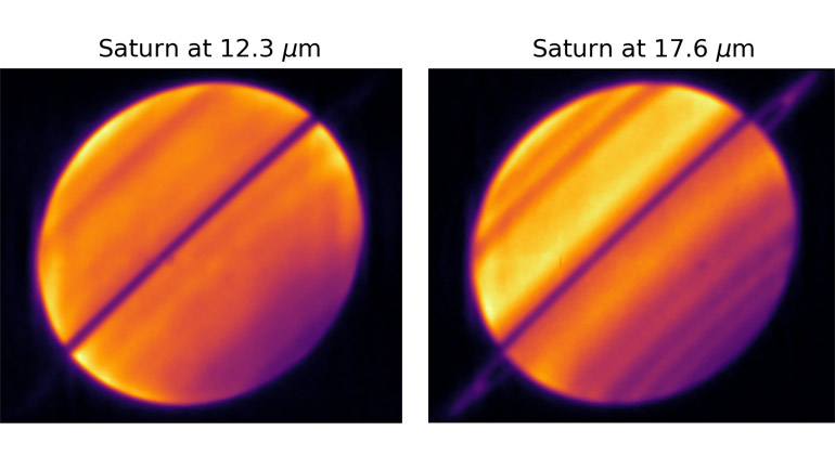 Saturn in the mid-infrared from the European Southern Observatory’s Very Large Telescope (VLT), using the VISIR instrument on August 16th 2025.  The images show thermal emission from the planet, with brighter colours indicating warmer temperatures.  The 17.6-µm image is sensitive to Saturn’s troposphere, revealing the pattern of warm and cool bands.  The 12.3-µm image is sensitive to Saturn’s stratosphere, revealing the seasonal asymmetry between the warm autumn hemisphere and cooler springtime hemisphere. Credit:  ESO/VLT/L.N. Fletcher/University of Leicester.