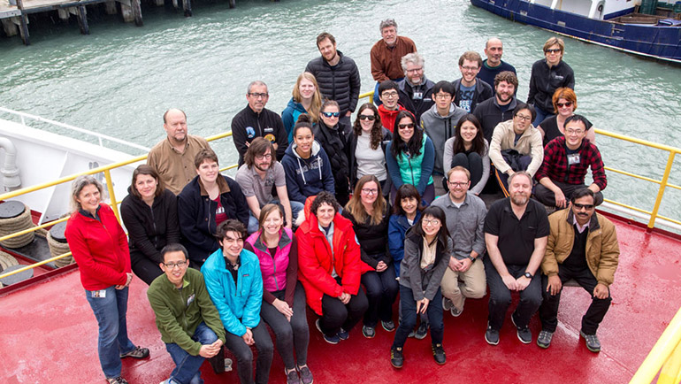 The expedition team on the JOIDES Resolution during IODP Expedition 374 to the Ross Sea, including University of Leicester researcher Dr Tim van Peer.