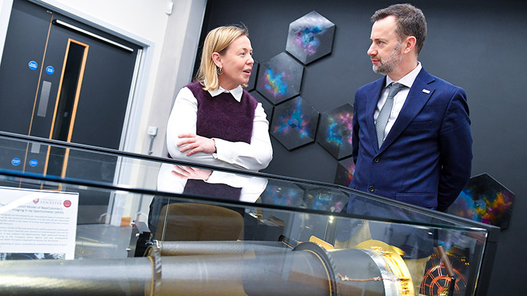 Director of the University of Leicester Institute for Space Professor Emma Bunce OBE with Paul Bate, CEO of UK Space Agency.