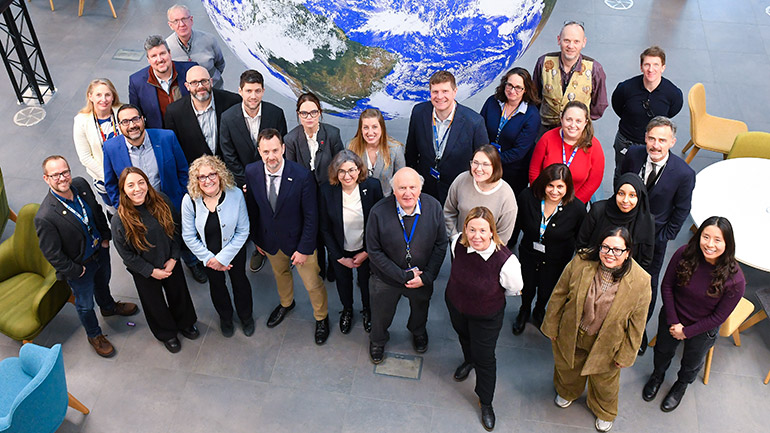 The UK Space Agency and Department of Science, Innovation and Technology delegation with University of Leicester staff.