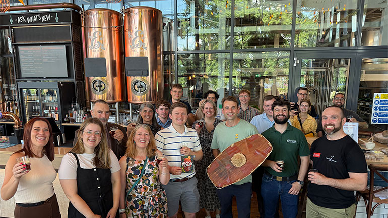 Dr Josh Smalley (centre) at the launch event held in Everards Brewery