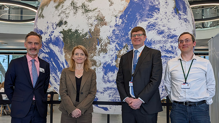 Will Wills, CEO of Space Park Leicester; Baroness Lloyd of Effra CBE;  Dr Adrian Martindale, Head of Space Project Instrumentation; and Dr Josh Vande Hey.