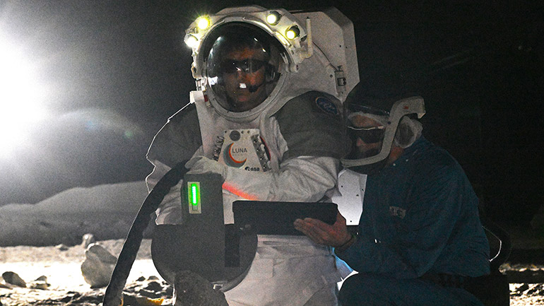 ESA astronaut Matthias Maurer operating the PHOENIX BB2 spectrometer at the ESA-DLR LUNA Analog Facility. Credit: A. Porcelli & R. Incerti, LAMB Team (ESA-EAC)