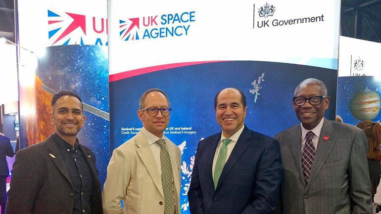 : L-R: Vinay Patel (Head of Commercial & Innovation, Space Park Leicester); Professor Richard Ambrosi (University of Leicester); Elsayed Talaat (CEO USRA), General Les Lyles (Chair of USRA Board of Trustees).