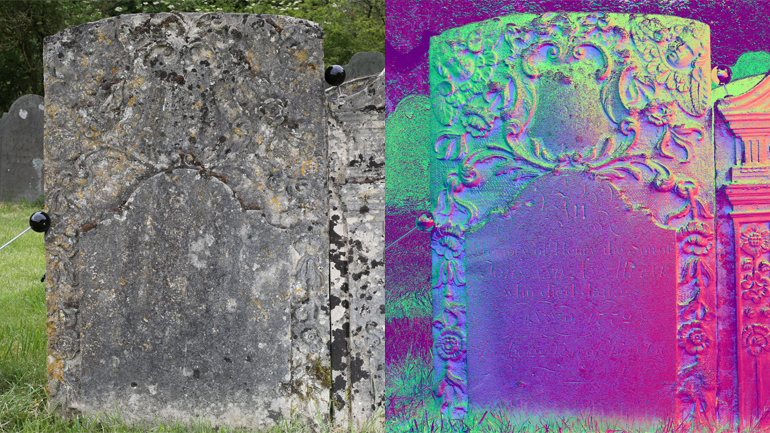 Weathered gravestone in a cemetery shown before and after enhancement, revealing hidden engravings and decorative carvings.