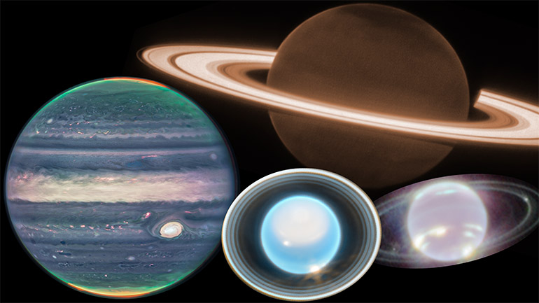 A montage of the giant planets of our solar system. Credit: NASA, ESA, CSA, STScI, Image Processing: Joseph DePasquale (STScI), Montage: Leigh Fletcher (Univ. Leicester)