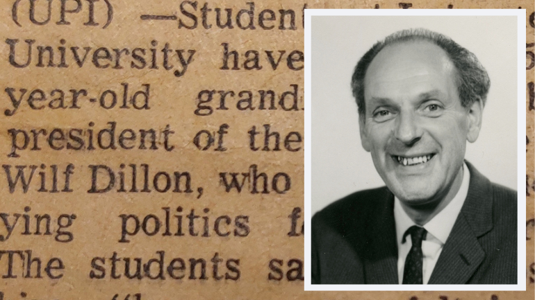 Wilf Dillon and a newspaper cutting announcing his presidency of the Students' Union