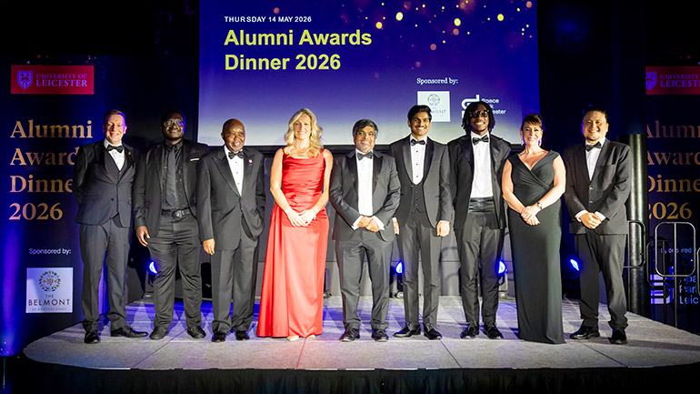 Alumni Award winners on the night, with President and Vice-Chancellor Professor Nishan Canagarajah and some of the night's hosts.
