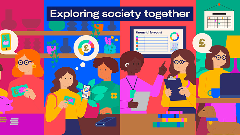 Illustrated graphic showing people managing household finances, budgeting and planning expenses, with the headline “Exploring society together”.