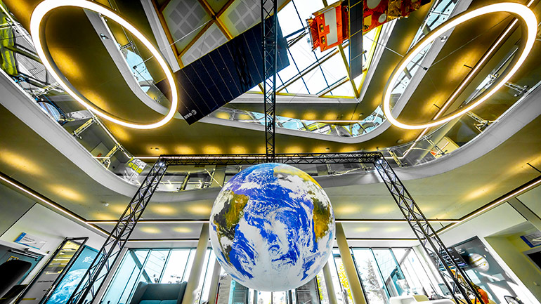 Luke Jerram's Gaia, on display in the Space Park Leicester atrium.