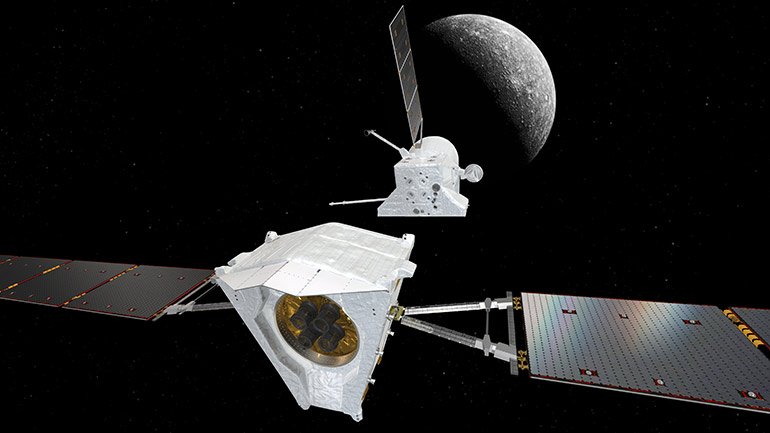 Artist’s impression showing the Mercury Transfer Module separate from the BepiColombo Mercury Planetary Orbiter (MPO) and Mercury Magnetospheric Orbiter (MMO) composite spacecraft.