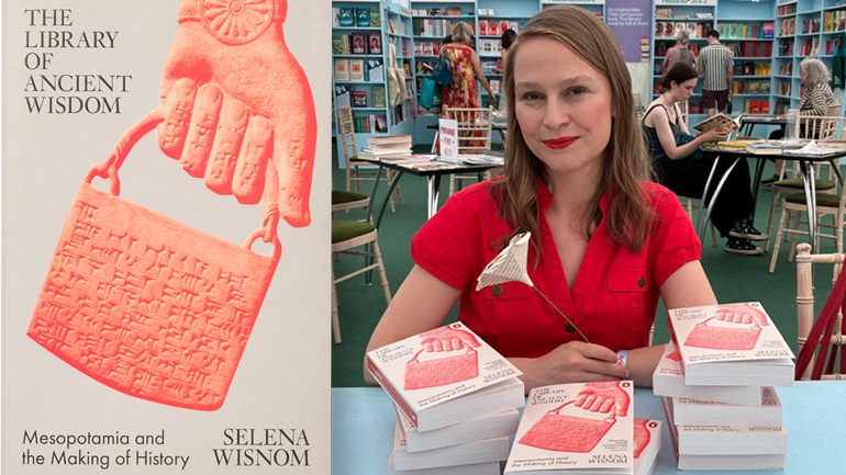 Selena Wisnom seated behind stacks of copies of Mesopotamia and the Making of History at a book event, alongside the book's cover featuring a cuneiform tablet illustration.