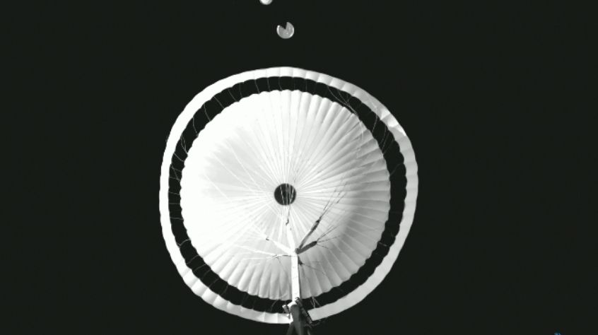 Onboard view of the Rosalind Franklin Rover's two parachutes being tested high above Sweden.