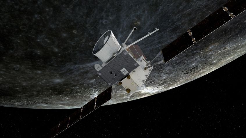 Artist's impression of BepiColombo making a flyby of Mercury.