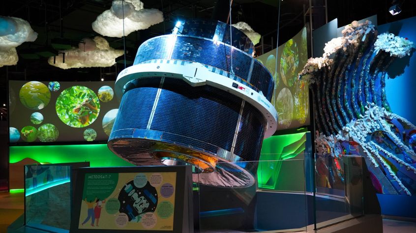 A large satellite at the centre of the National Space Centre's Home Planet gallery.