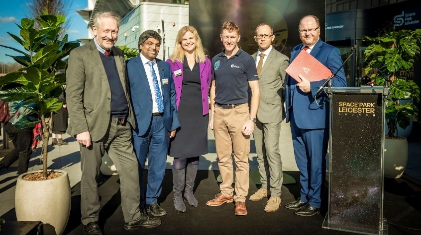 Sir Peter Soulsby, Leicester City Mayor; Professor Nishan Canagarajah, President and Vice-Chancellor at University of Leicester; Professor Sarah Davies, Pro Vice-Chancellor and Head of College of Science and Engineering at the University of Leicester; Major Tim Peake; Professor Richard Ambrosi, Executive Director of Space Park Leicester; George Freeman MP, Science Minister; at the opening of Space Park Leicester.