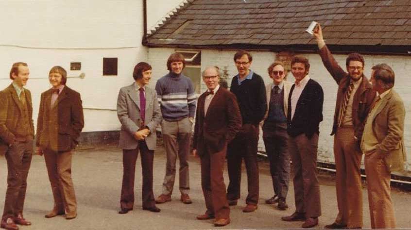 Hans Kornberg with colleagues in 1974. L-R: Geoff Turnock, Arthur Rowe, unknown, David Critchley, Hans Kornberg, Ron Cooper, unknown, Colin Jones, Peter Henderson(possibly), Ken Jones (photo: Chris Willmott)