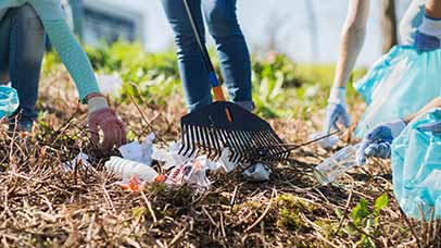 students volunteering around campus