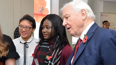 Sir David Attenborough speaking to students at the University's Attenborough Arts Centre