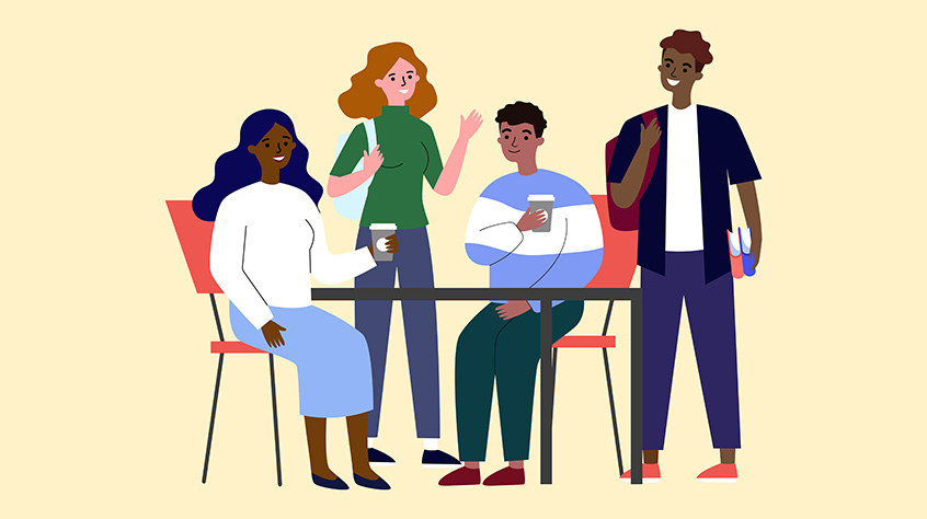 Vector graphic depicting four students - two sat at a desk and two stood up