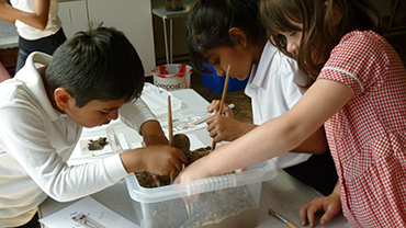 Children using paint brushes to look in a discovery box