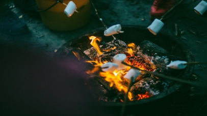 Marshmallows toasting over a firepit