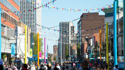 Leicester city centre on a sunny day