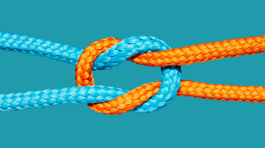Two coloured ropes knotted together
