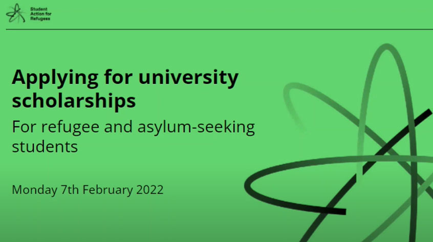 First slide with information which reads: Applying for university scholarships for refugee and asylum-seeking students
