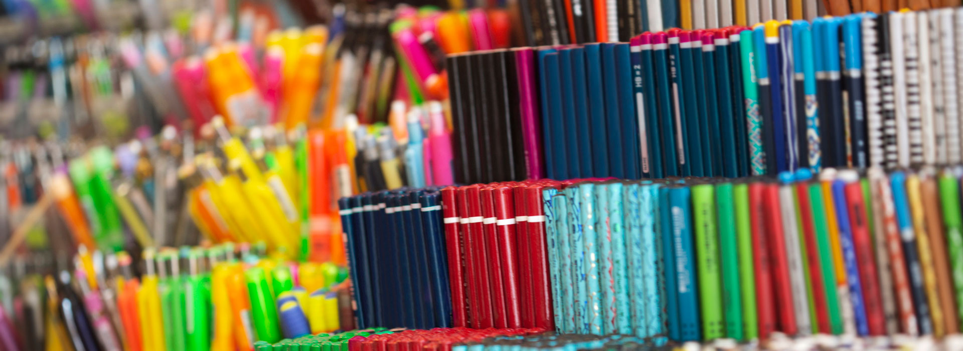 An array of colourful stationery in a shop