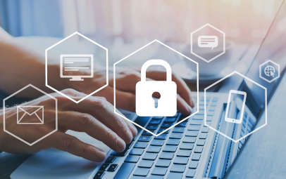 person typing on laptop keyboard with images of locks and phones superimposed on top