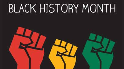 Black History Month logo with three fists in red, yellow and green.